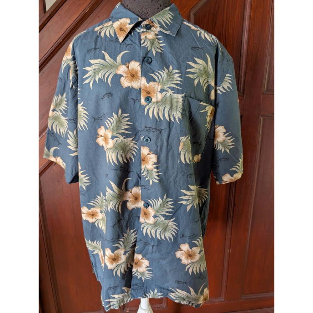 Vintage Weekender Hawaiian Shirt Blue Beige Hibiscus Palm Casual Button-Up XXL